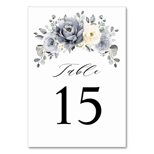 Silver Grey Ivory Floral Winter Rustic Wedding Table Number (Front)