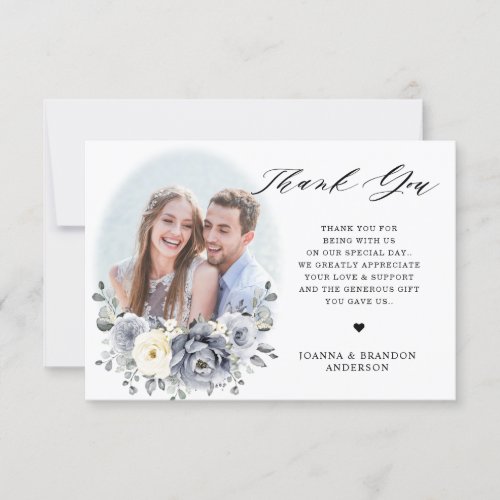 Silver Grey Ivory Floral Winter Rustic Wedding Thank You Card