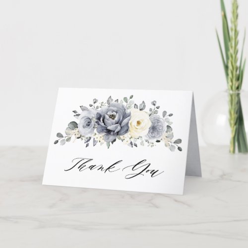 Silver Grey Ivory Floral Winter Rustic Wedding Thank You Card