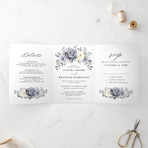 Silver Grey Ivory Floral Winter Rustic Wedding Tri_Fold Announcement