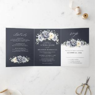 Silver Grey Ivory Floral Winter Rustic Wedding Tri Tri-Fold Announcement