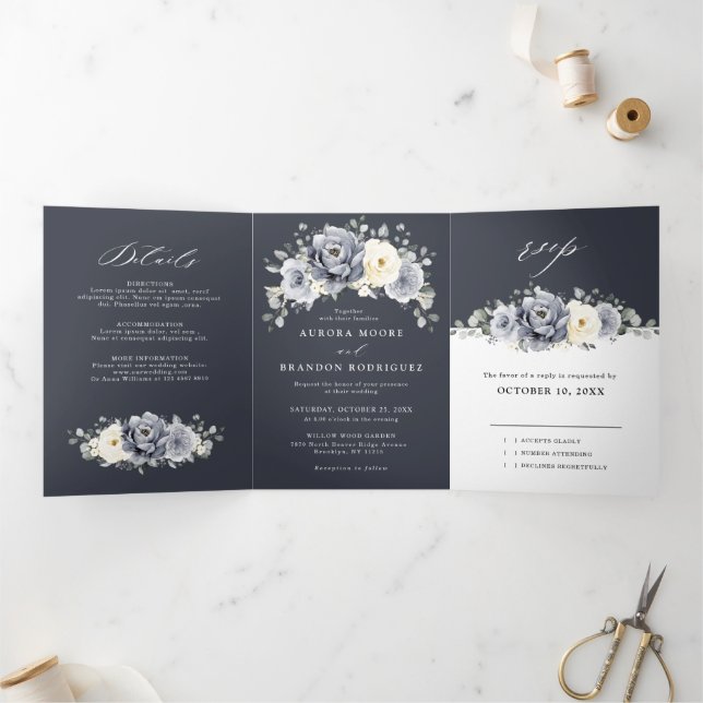 Silver Grey Ivory Floral Winter Rustic Wedding Tri Tri-Fold Announcement (Inside)