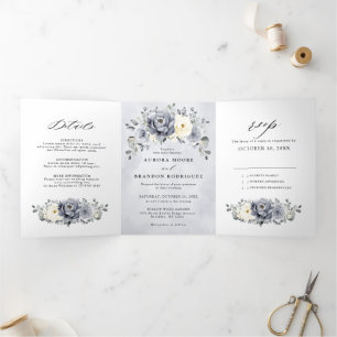 Silver Grey Ivory Floral Winter Rustic Wedding Tri Tri-Fold Announcement