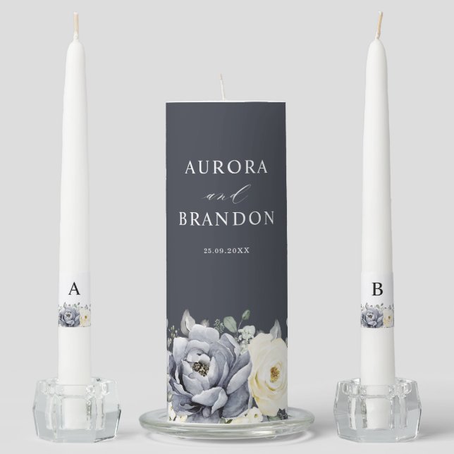 Silver Grey Ivory Floral Winter Rustic Wedding Uni Unity Candle Set (Front)
