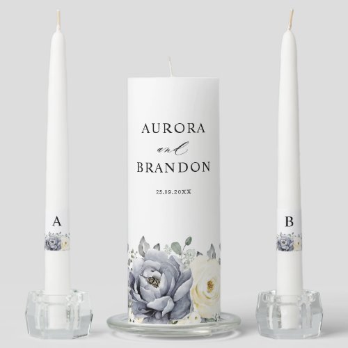 Silver Grey Ivory Floral Winter Rustic Wedding Unity Candle Set
