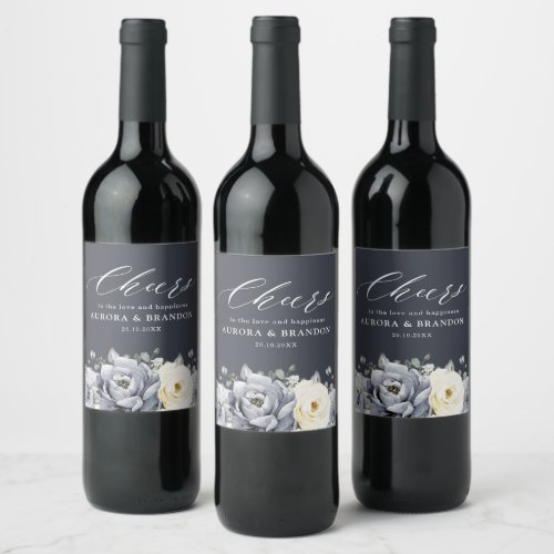 Silver Grey Ivory Floral Winter Rustic Wedding Win Wine Label