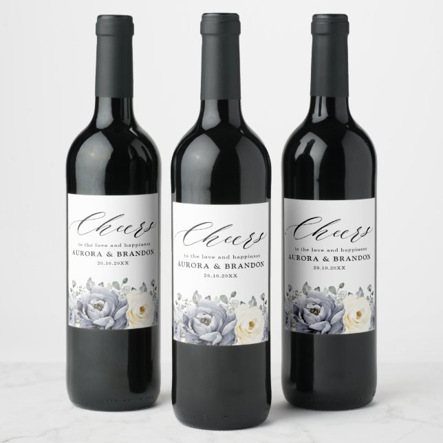 Silver Grey Ivory Floral Winter Rustic Wedding Wine Label (Bottles)