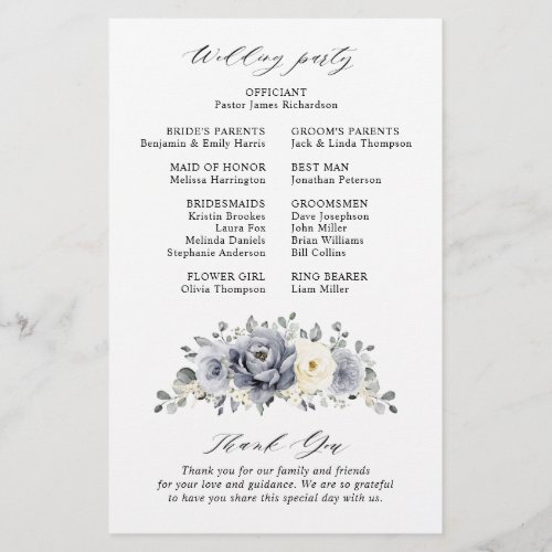 Silver Grey Ivory Floral Winter  Wedding Program