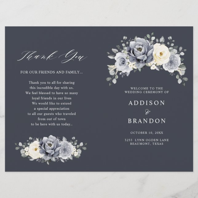 Silver Grey Ivory Floral Winter  Wedding Program (Front)