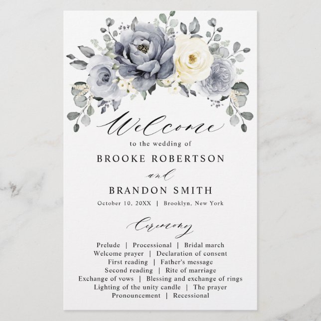 Silver Grey Ivory Floral Winter Wedding Program (Front)