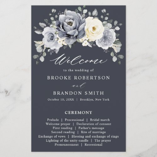 Silver Grey Ivory Floral Winter Wedding Program