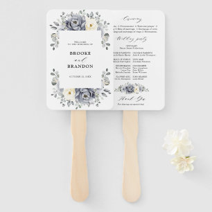 Silver Grey Ivory Floral Winter Wedding Program Hand Fan