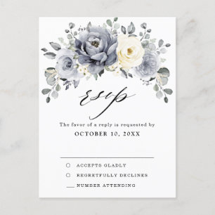 Silver Grey Ivory Floral Winter Wedding RSVP Postcard