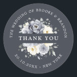 Silver Grey Ivory Floral Winter Wedding Thank you  Classic Round Sticker<br><div class="desc">Elegant floral winter wedding thank you sticker features elegant grey ,  ivory and silver watercolor flower bouquet frosty-hued greenery. Please contact me for any help in customization or if you need any other product with this design.</div>