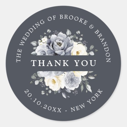 Silver Grey Ivory Floral Winter Wedding Thank you  Classic Round Sticker