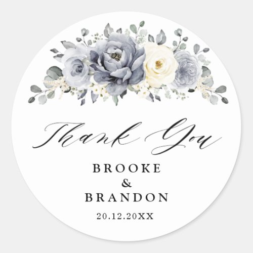 Silver Grey Ivory Floral Winter Wedding Thank you Classic Round Sticker
