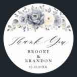 Silver Grey Ivory Floral Winter Wedding Thank you Classic Round Sticker<br><div class="desc">Elegant floral winter wedding thank you sticker features elegant grey ,  ivory and silver watercolor flower bouquet frosty-hued greenery. Please contact me for any help in customization or if you need any other product with this design.</div>