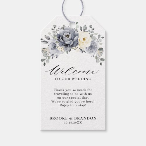 Silver Grey Ivory Floral Winter  Wedding Welcome Gift Tags