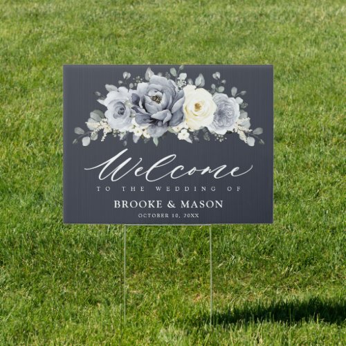 Silver Grey Ivory Floral Winter Wedding Welcome Si Sign