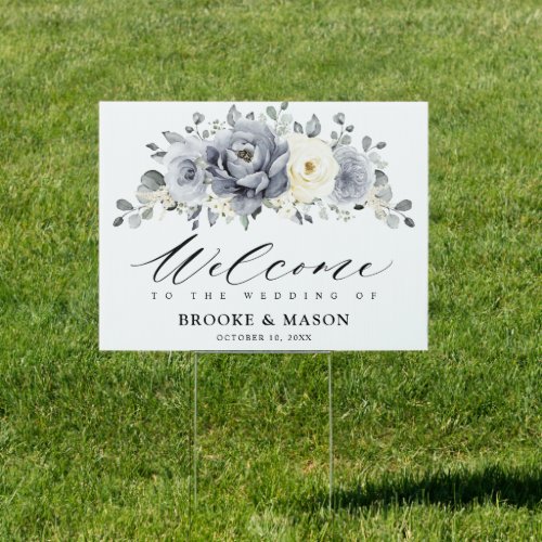 Silver Grey Ivory Floral Winter Wedding Welcome Sign