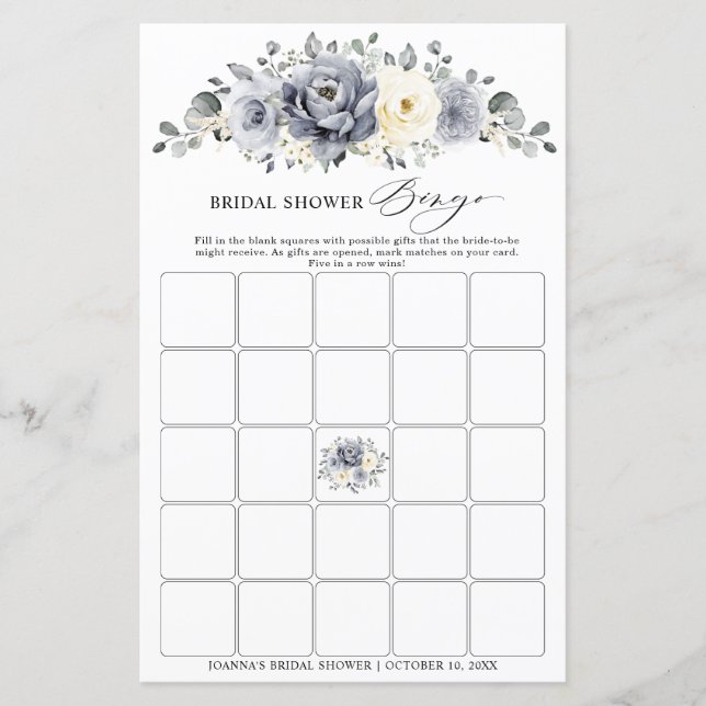 Silver Grey Ivory  Winter Boho Bridal Shower Bingo (Front)