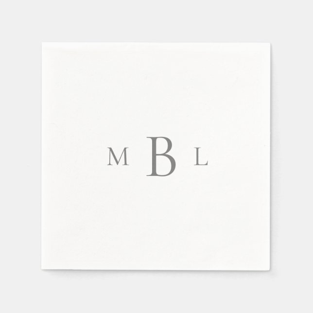 Silver/Grey Large Monogram White Wedding Cocktail  Napkins (Front)