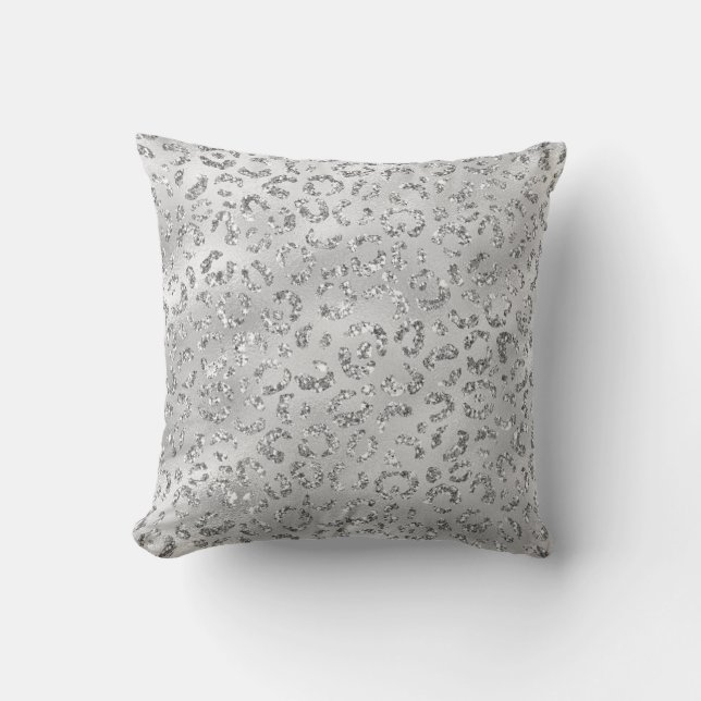 Silver Grey Leopard Print Modern Animal Elegant Throw Pillow (Front)