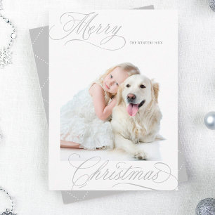 Silver Grey Merry Christmas Script Minimal Photo Holiday Card