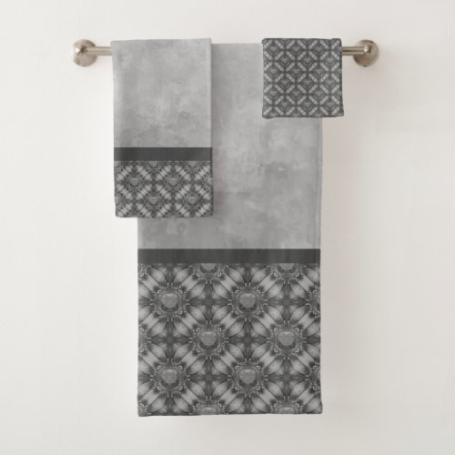 Silver Grey Metal Flowers with Gems Pattern Bath Towel Set