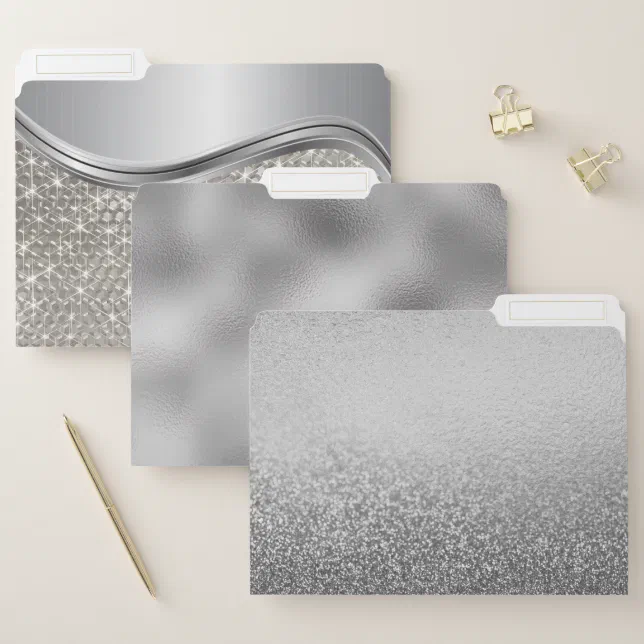 Silver Grey Metallic Foil Sparkle Glitter File Folder | Zazzle