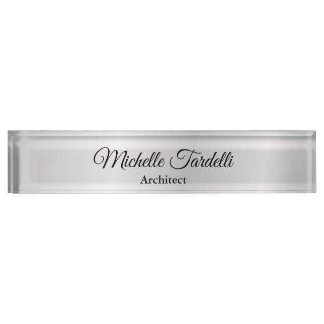 Silver Grey Minimalist Modern Script Calligraphy Desk Name Plate (Front)