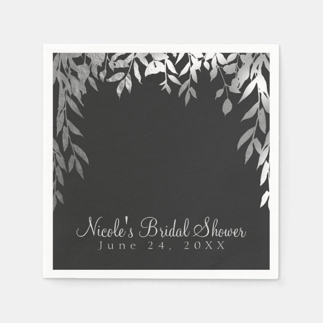 Silver & Grey Modern Glam Botanical Leaves Wedding Napkins (Front)