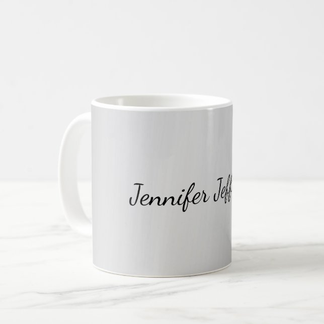 Silver Grey Modern Handwriting Your Name Coffee Mug (Front Left)