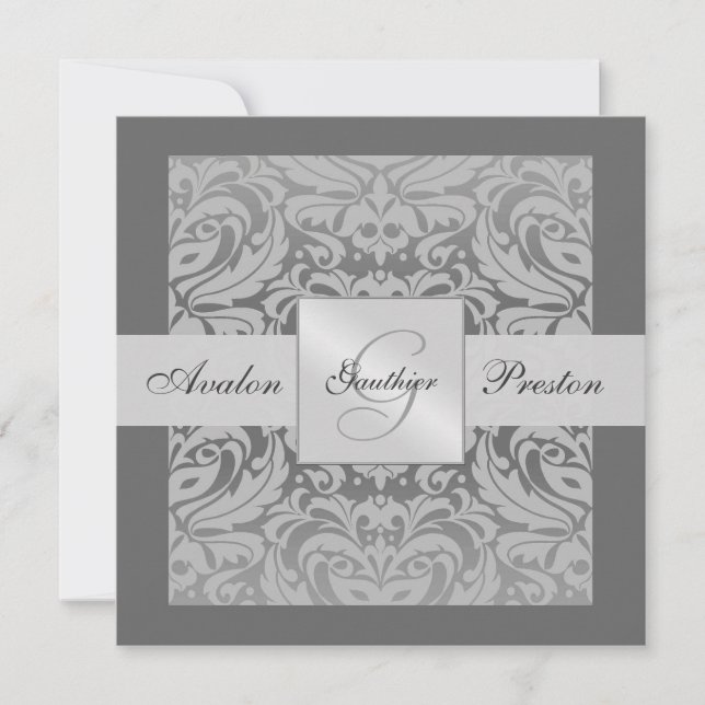 Silver & Grey Monogram Damask Border Invitation (Front)