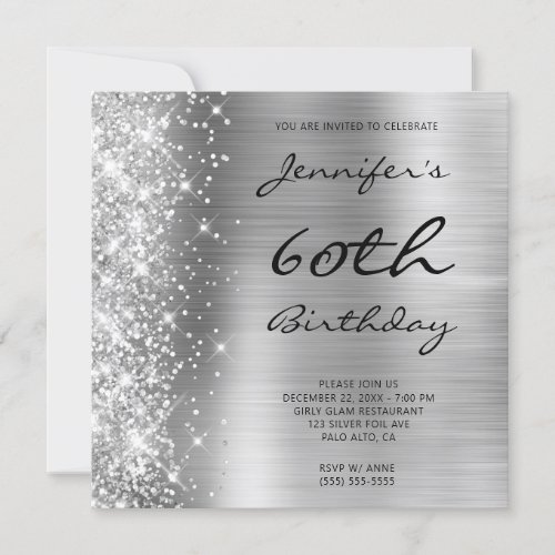 Silver Grey Ombre Foil Left Glitter 60th Birthday Invitation