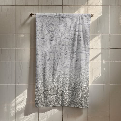 Silver Grey Ombre Glitter Marble Trendy Bath Towel Set