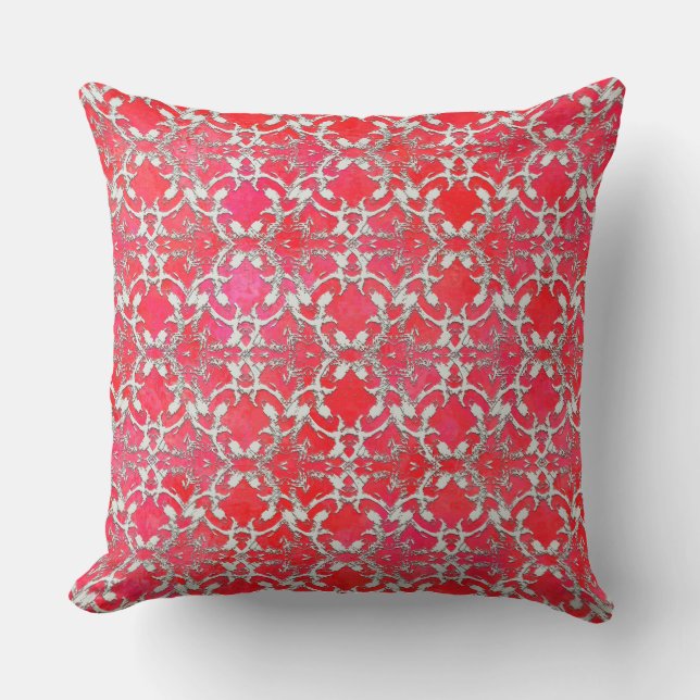 Silver Grey Red Dancing Scrolls Throw Pillow (Front)