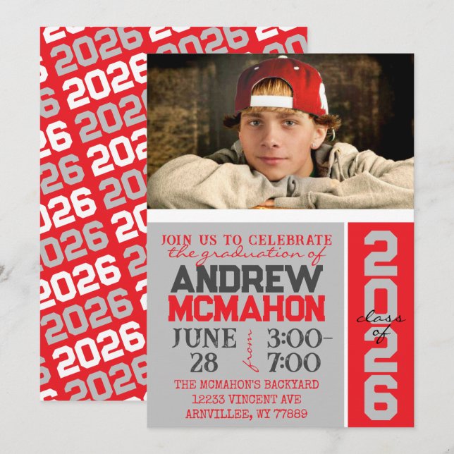 Silver Grey & Red Graduation Photo Invitation (Front/Back)