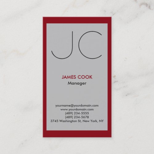 Silver grey red vertical professional monogram business card