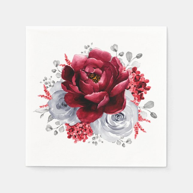 Silver Grey Red White Floral  Rustic Wedding  Napkins (Front)