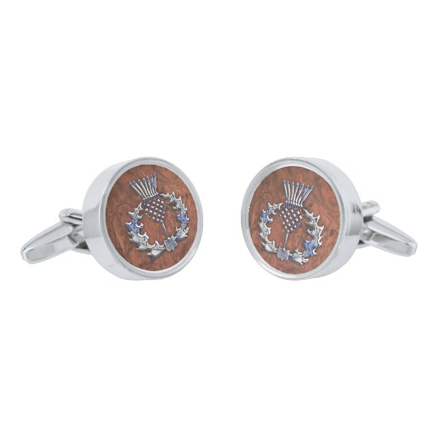 Silver Grey Scottish Thistle Decor on a Cufflinks (Angled)