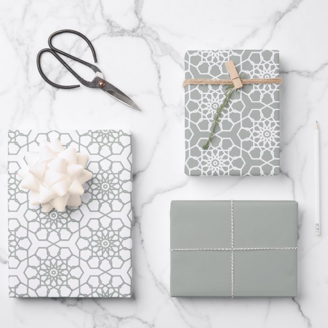 Silver Grey Seamless Arabesque Pattern Wrapping Paper Sheets (Front)