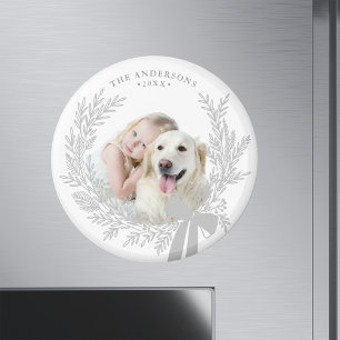 Silver Grey Simple Christmas Wreath Photo  Magnet