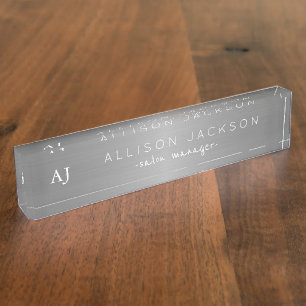 Silver grey steel metallic business name monogram desk name plate