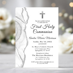 Silver Grey White Agate First Holy Communion Girl Invitation