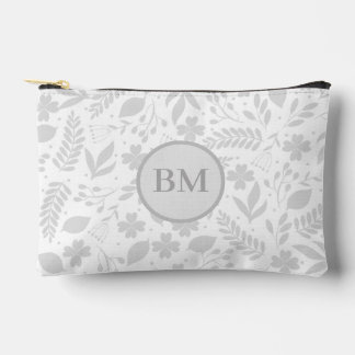 Silver Grey & White Boho Leaves Monogram Accessory Pouch