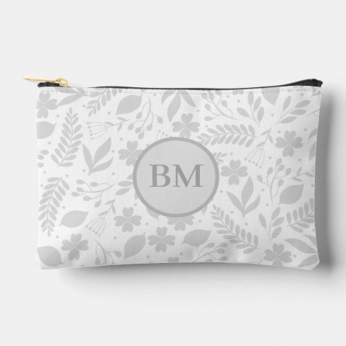 Silver Grey  White Boho Leaves Monogram  Accessory Pouch