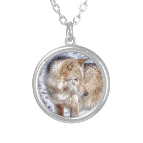 Silver Grey Wolf  Snow Wildlife Portrait Silver Plated Necklace