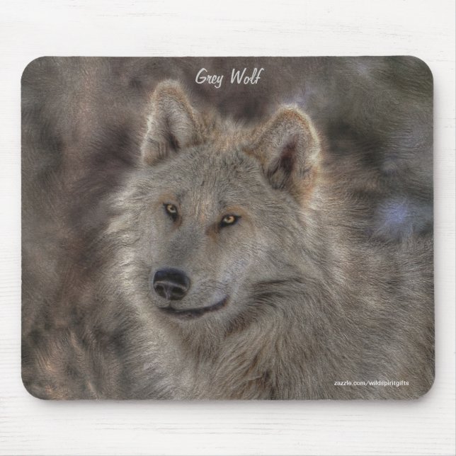 Silver Grey Wolf Wildlife Art Portrait Mouse Pad (Front)