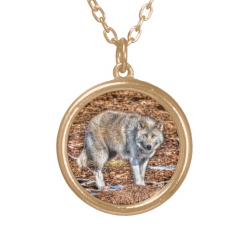 Silver Grey Wolf Wildlife Portrait Gold Plated Necklace